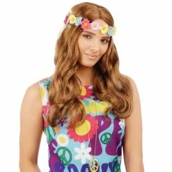 Long Brown Wavy Floral Hippie Wig